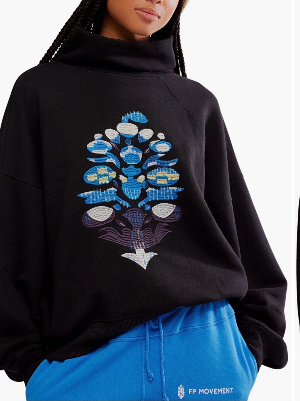 Free People On Your Mark Logo Mockneck Black Embroidered Sweatshirt- Size M